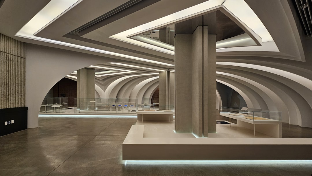 Exhibition hall interior with structured display stands